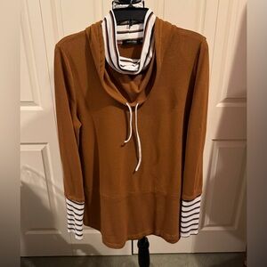 Dual cowl neck Tunic with contrasting sleeve and drawstring detail. Size M